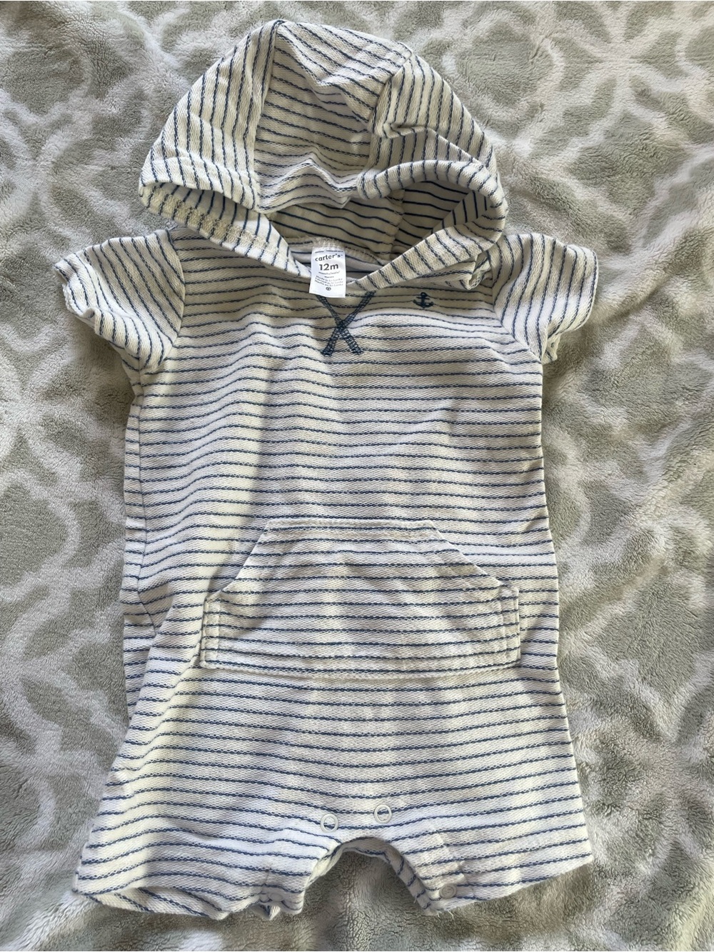 Carter's Blue and White Striped Hooded Romper